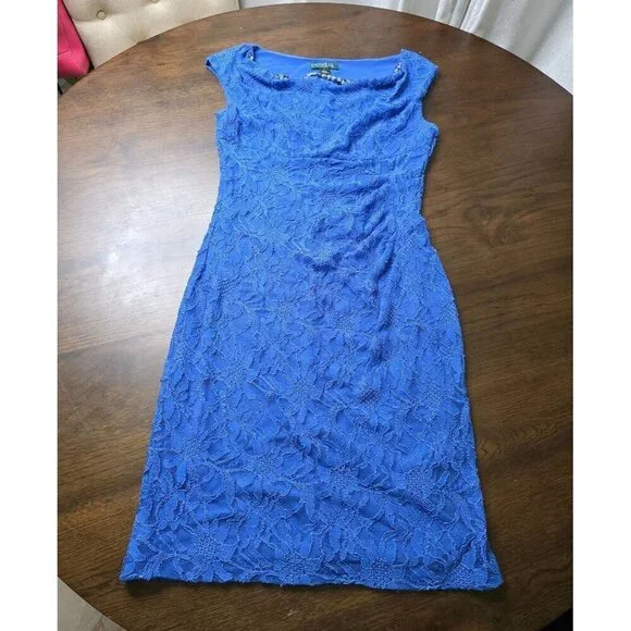 LAUREN RALPH LAUREN Womens Sheath Knee Length Dress Size 10 Navy Blue Lace - Picture 1 of 16